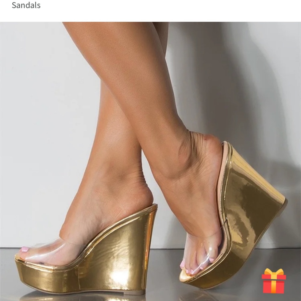 Metallic Gold platform wedges with transparent PVC straps